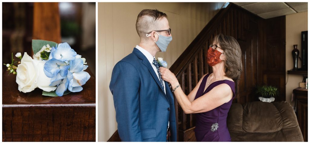mother of groom putting boutonniere on her son