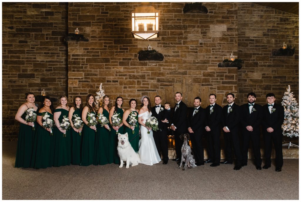 bridal party by fireside at laube hall, freeport, pa
