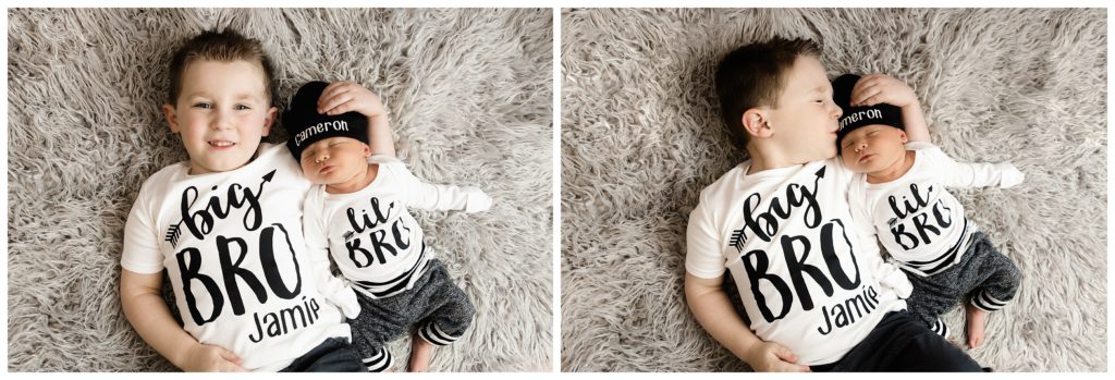 big brother little brother shirts with newborn and older brother at bridgeville newborn photographer studio