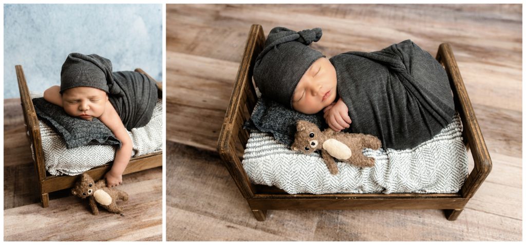 newborn boy sleeping in tiny bed with bear and sleepy cap at bridgeville newborn photographer studio