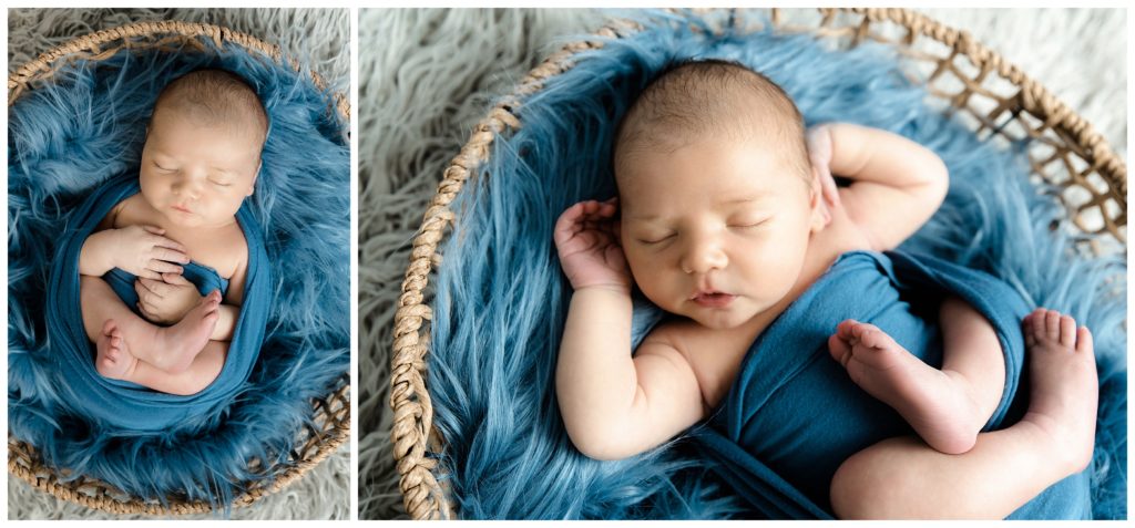 Newborn boy in blue fur in basket at bridgeville newborn photographer studio