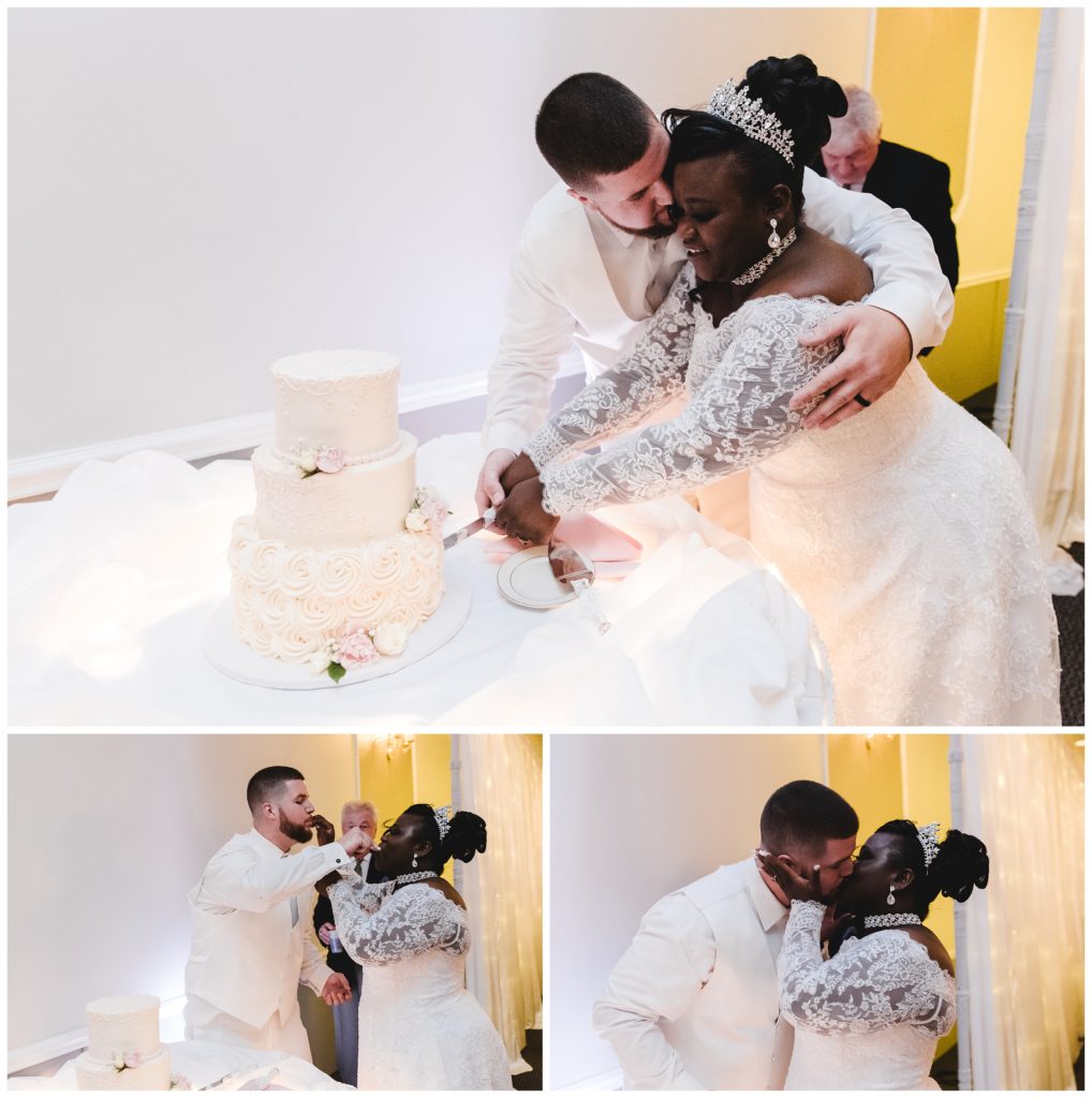 bride and groom cutting cake and feeding each other at reception at salvatore's events and catering