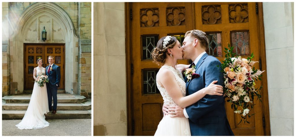  bride and groom kiss outside side doors of harbison chapel