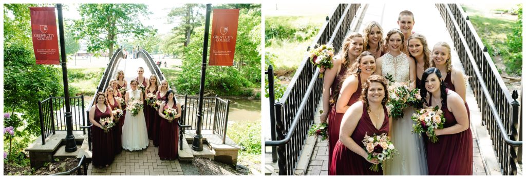 bridal party on bridge at grove city college