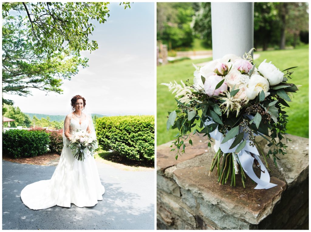 bride standing in front of the historic summit inn with amazing view of the mountains behind her, and gorgeous bouquet from neubaue'rs flowers