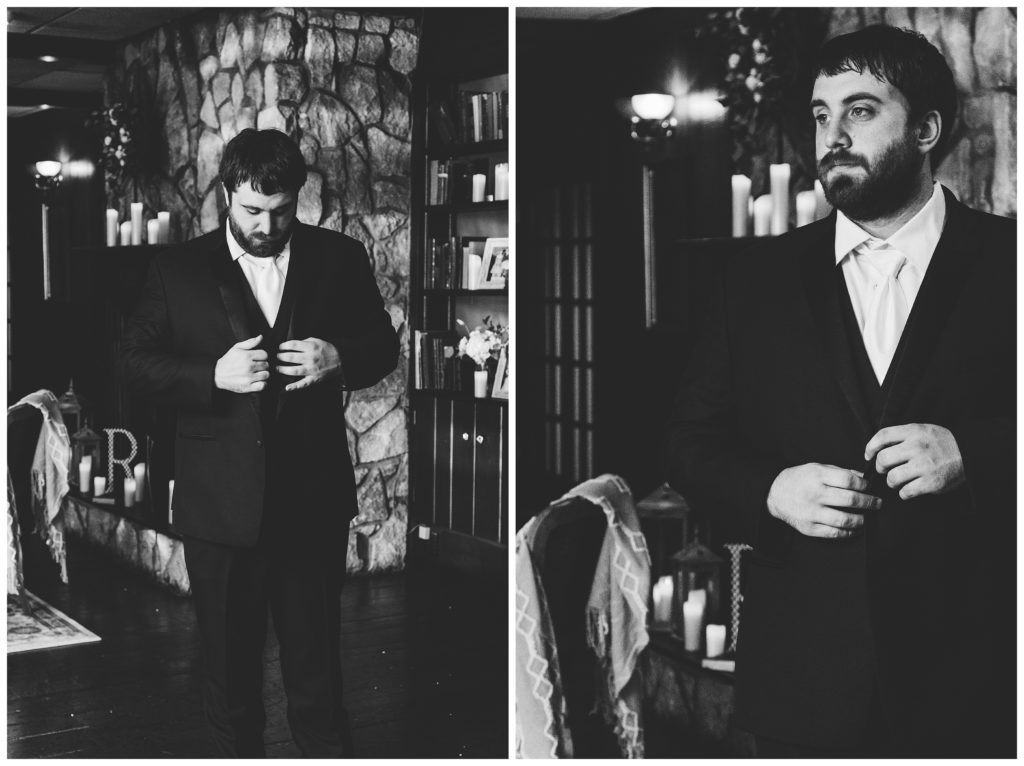 black and white images of the groom getting ready by the fireplace at lakeview golf resort