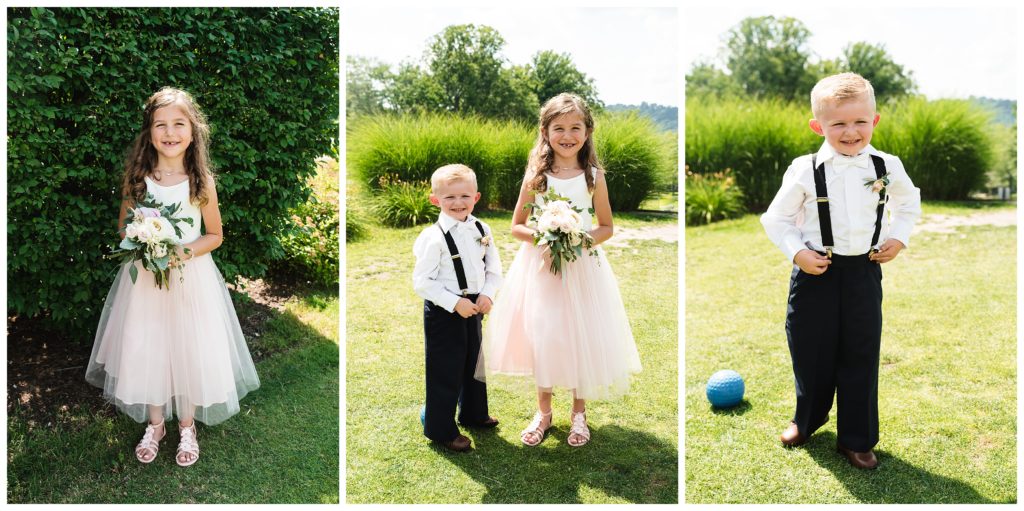 flower girl and ring-bearer standing together on lawn at lakeview golf resort wedding