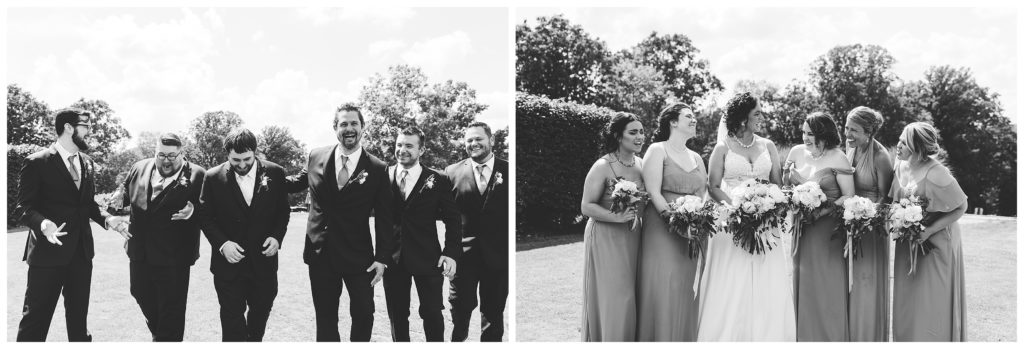 black and white images of bridesmaids and groomsmen laughing and having fun at lakeview golf resort wedding