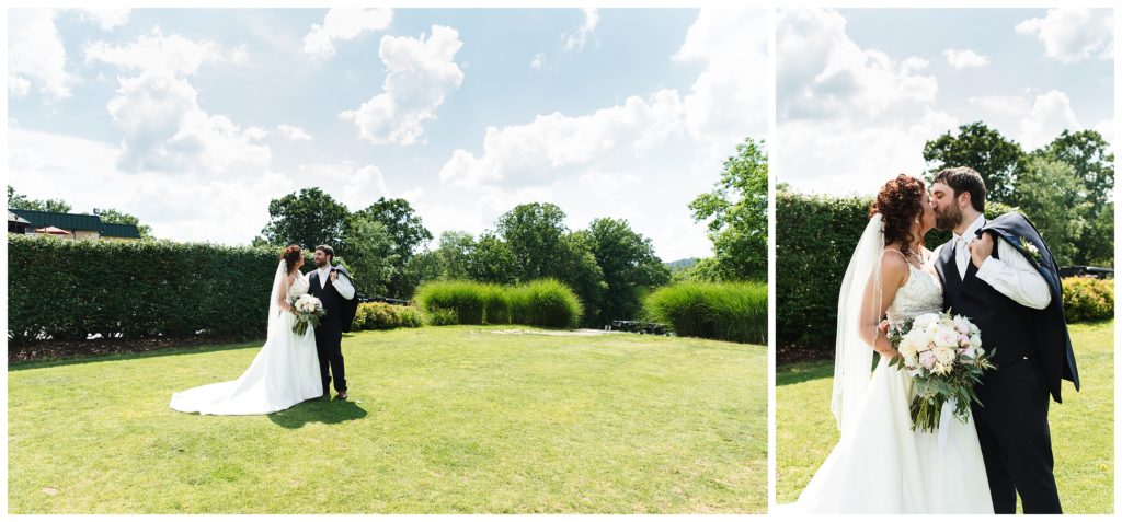 bride and groom posing on lawn of lakeview golf resort