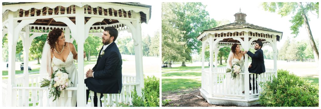 bride and groom acting silly in gazebo on part of lakeview golf resort