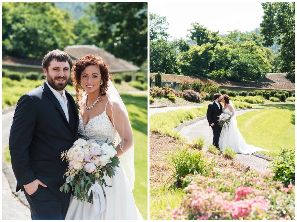 bride and groom posing on pathway of golf resort behind pretty pink flowers