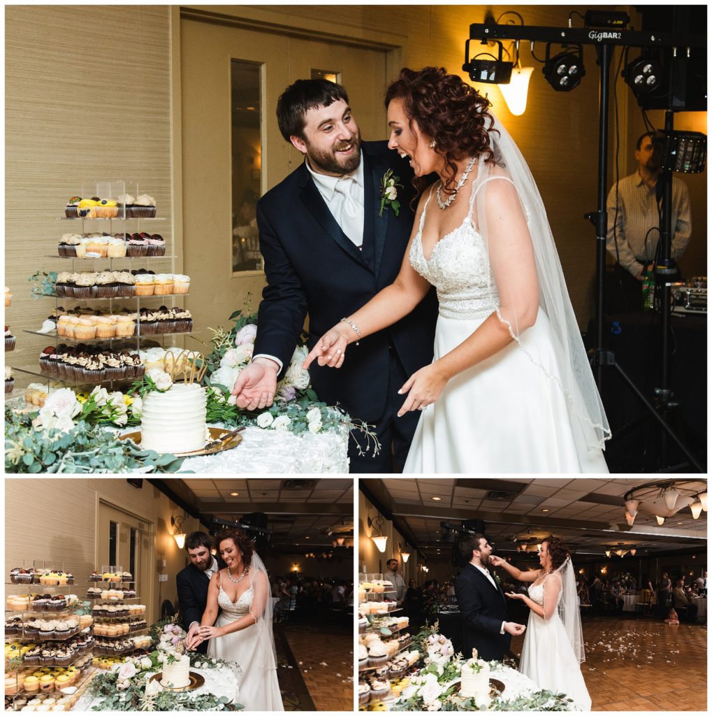 bride and groom cutting cake during reception at lakeview golf resort