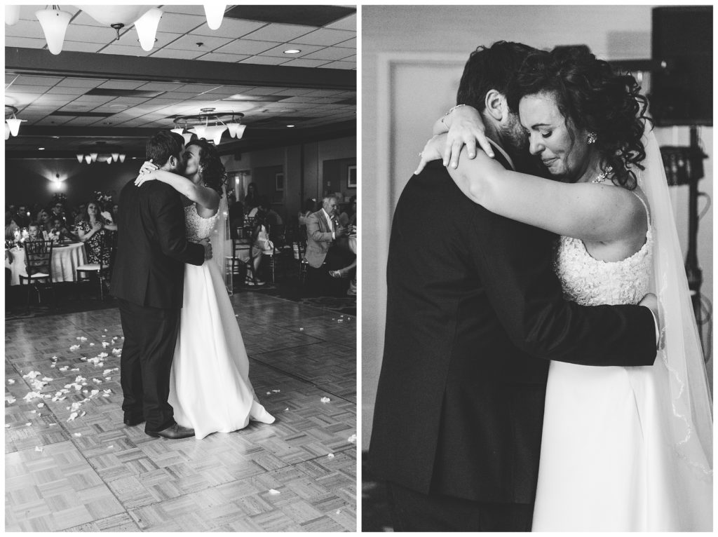 black and white images of bride emotional with happiness and then bride and groom kissing during first dance at lakeview golf resort