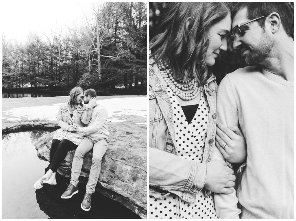 black and white images of engaged couple leaning in close