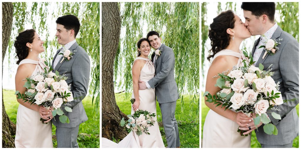 bride and groom under willow tree