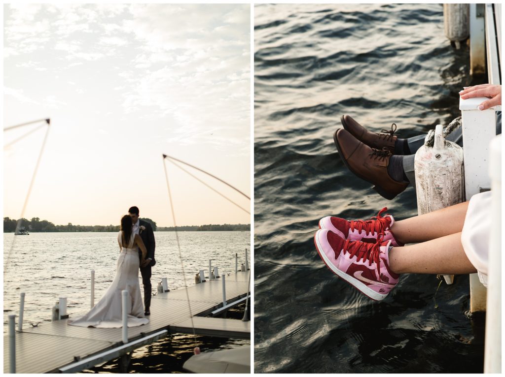 bride and groom showing shoes while sitting on dock