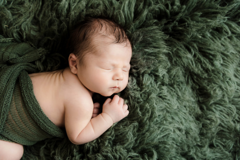 Baby boy in forest green wrap | Pittsburgh Newborn Photographer
