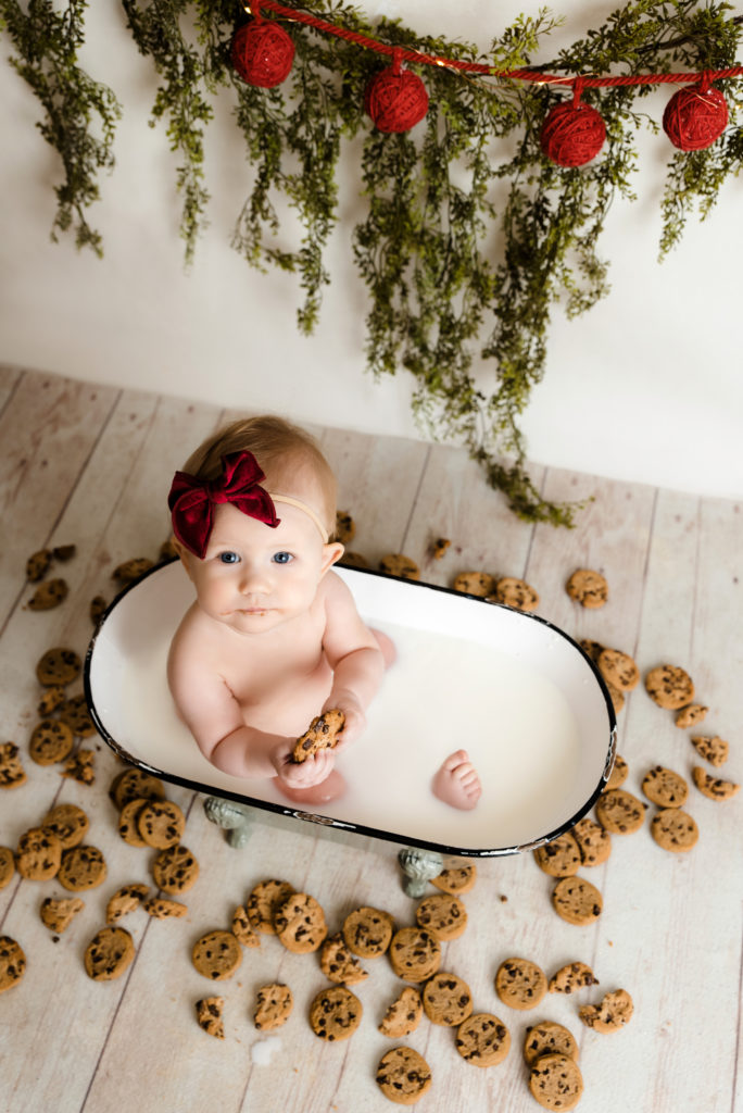 baby girl in tub with milk surrounded by chocolate chip cookies | Pittsburgh Family Photographer