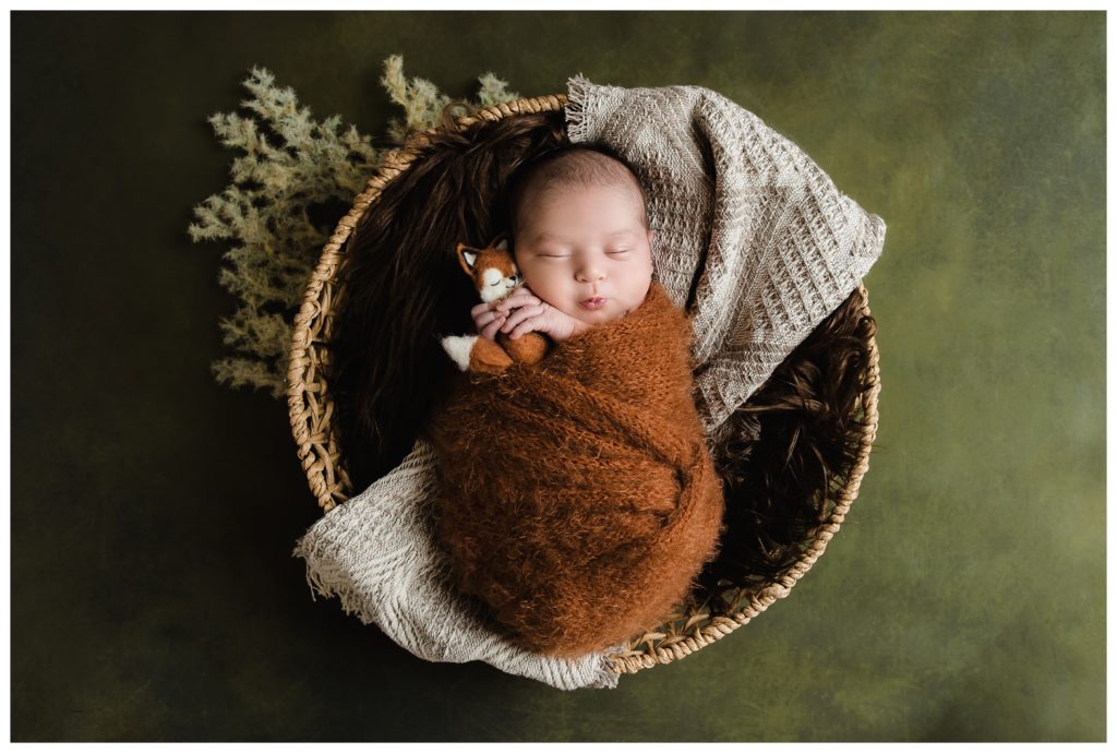 Baby boy holds a little stuffed fox while sleeping in a round basket.