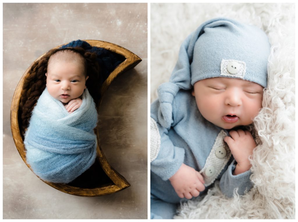 Newborn boy is in an ombre blue wrap and lying in a wooden moon bowl.