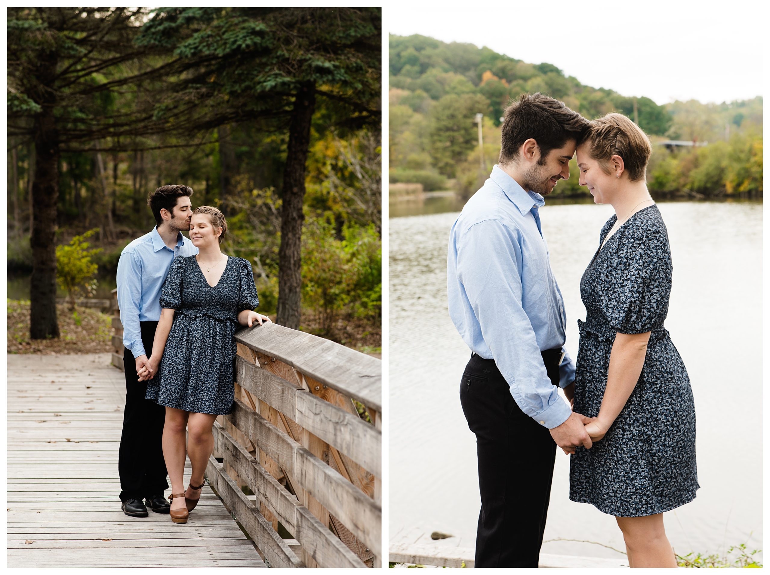 two pictures- one of engaged couple on bridge with boy kissing girl and the other of the couple leaning their foreheads together