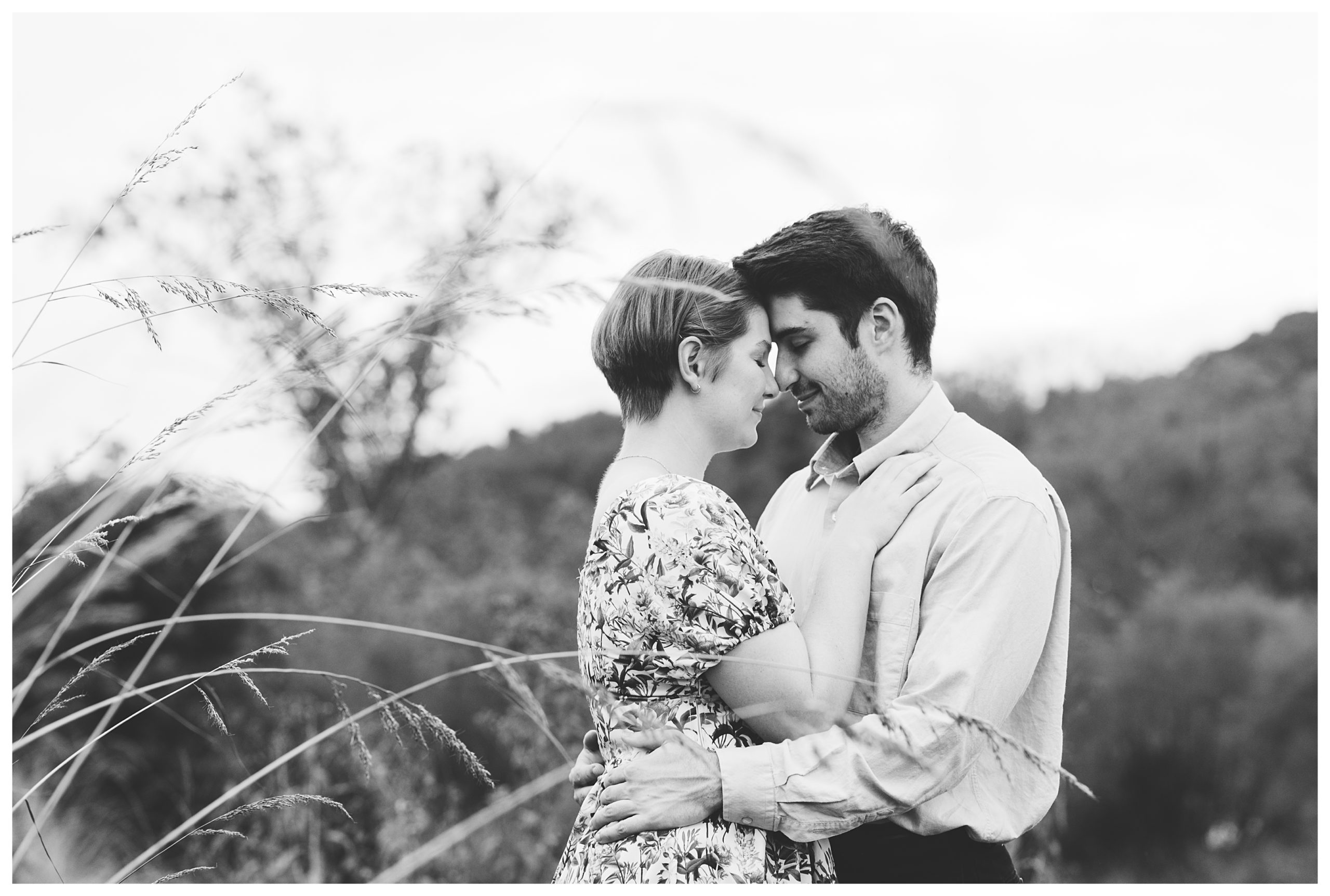 black and white image of engaged couple leaning heads together amid all grass