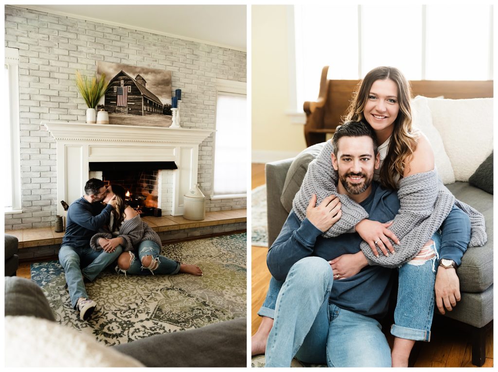 engaged couple-two picture- man cups woman's face while kissing her in front of fireplace - the other the man sits on floor in front of woman while she hugs him from behind