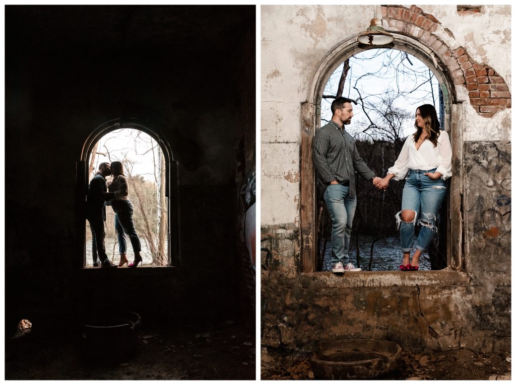 engaged couple in abandoned building with graffiti