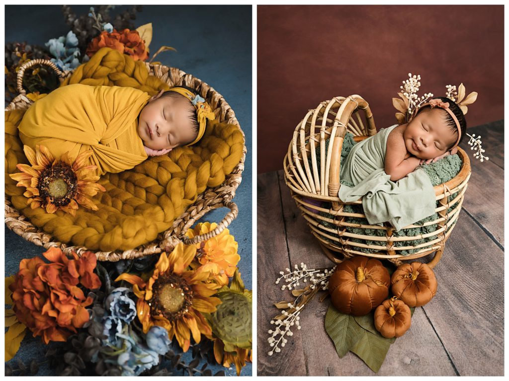 Newborn baby sleeping rattan basket with mini velvet pumpkins beside her.