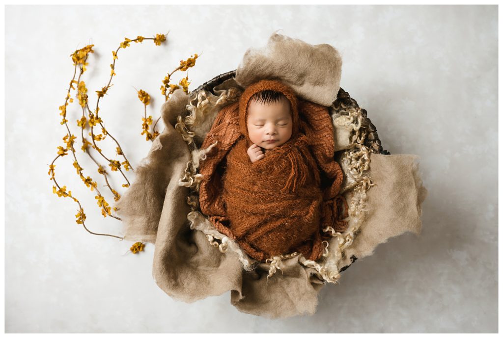 Newborn baby sleeping in round felted furs and wrapped in a rust fuzzy wrap during Pittsburgh studio newborn session.