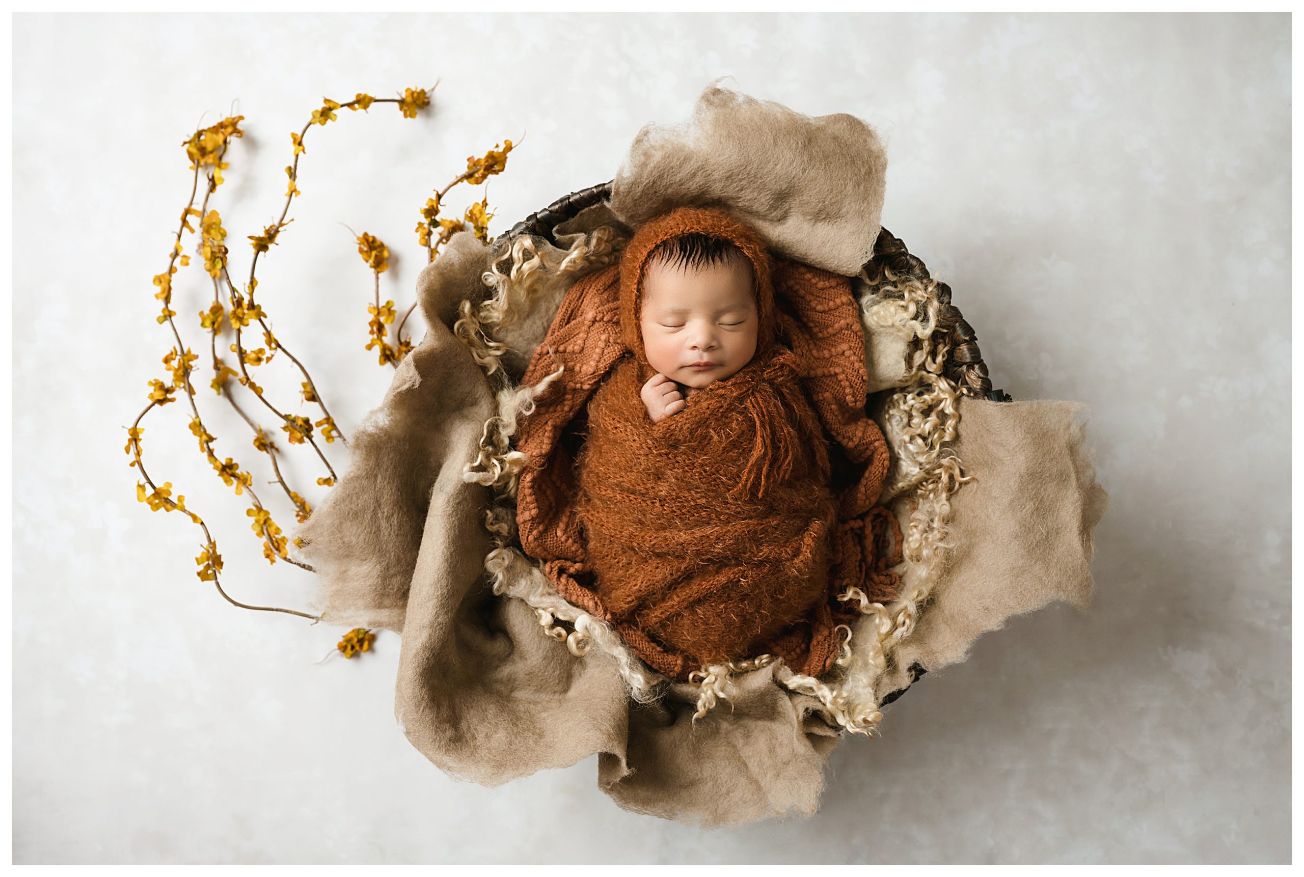 Newborn baby sleeping in round felted furs and wrapped in a rust fuzzy wrap during Pittsburgh studio newborn session.