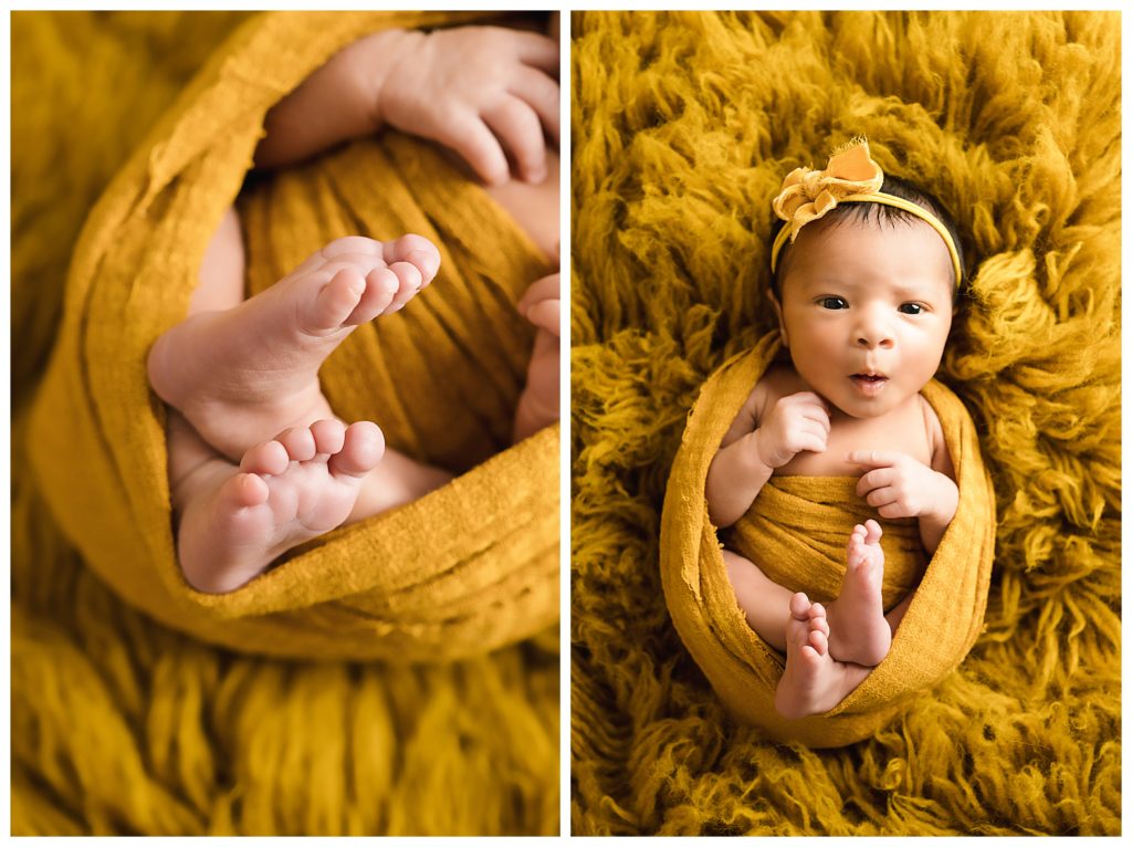 Newborn baby wide awake wrapped in mustard on faux flokati. Also a close-up of baby's tiny feet.