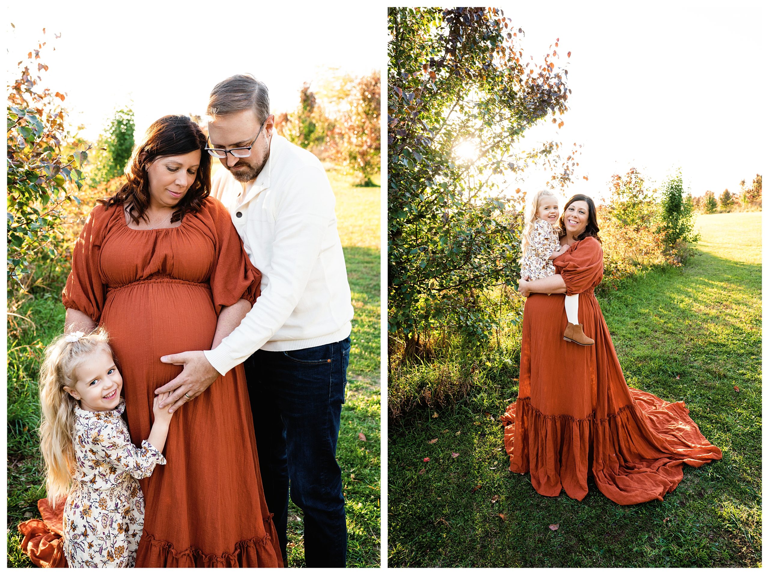 Pregnant mother wears rust maternity dress while husband and daughter lovingly touch mom's belly during maternity session in Bridgeville, PA.