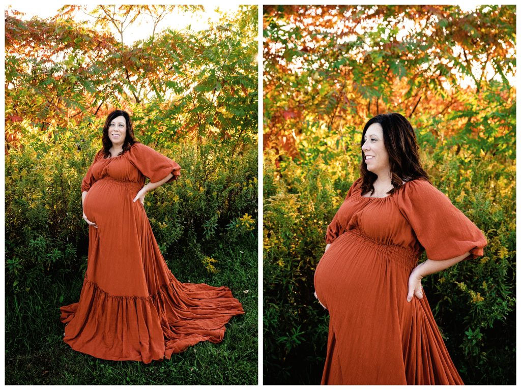 Pregnant mom wears rust Reclamation dress at Fairview Park during maternity session in Bridgeville, PA.
