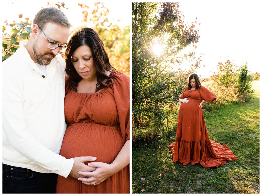 Pregnant mother wears rust maternity dress from Reclamation.