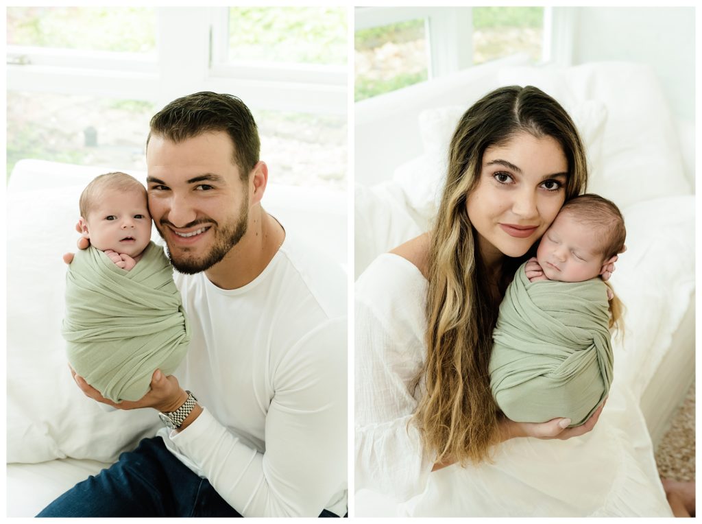 Mitch and Hillary Trubisky hold baby close to face for snuggles during at-home lifestyle newborn session in Pittsburgh, PA.
