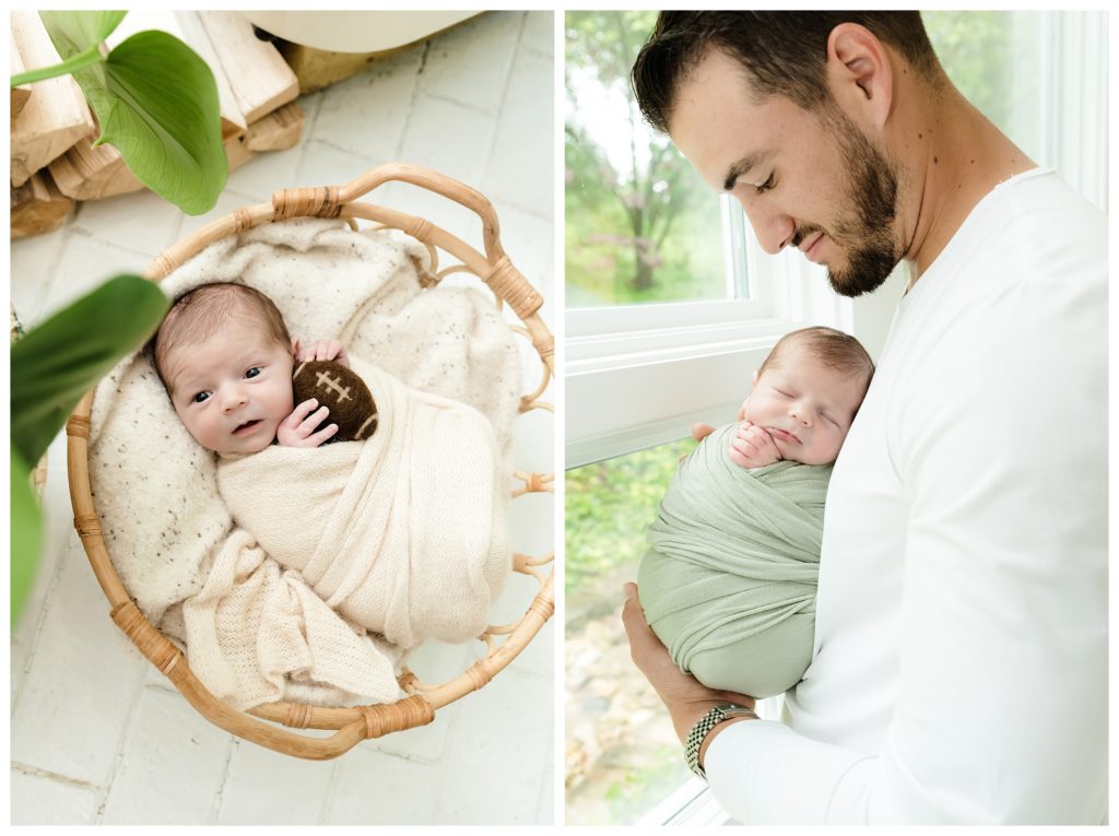 Baby Hudson Trubisky holds small felted football during lifestyle photoshoot Pittsburgh, PA.