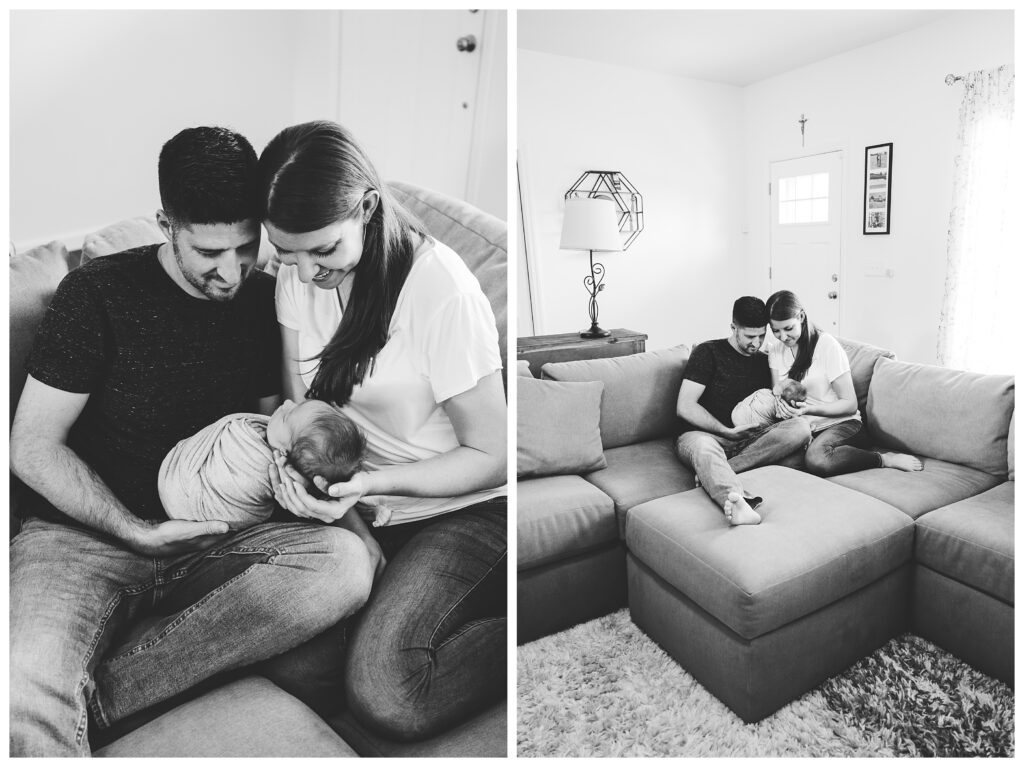 two black and white images of new parents holding their baby on their living room couch