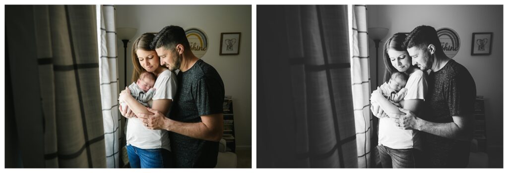 two images, one color and one black and white. mom and dad hold new baby against their chest while leaning together by nursery window