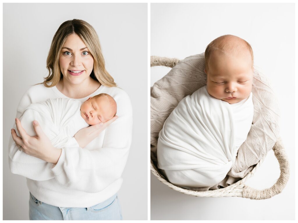 First image shows mom smiling at camera while holding baby boy. Second image shows baby alone in white basket.