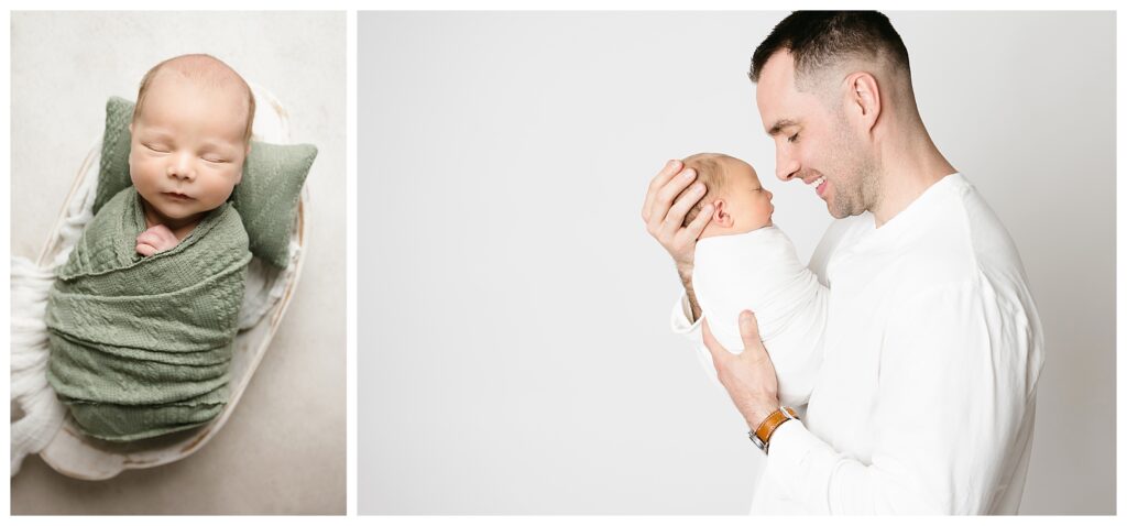First image shows baby boy swaddled in green. Second image shows dad holding baby close, nose to nose.