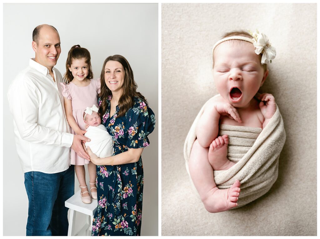 First image is mom, dad, big sister and baby looking at camera and smiling. Second image shows baby girl yawning.