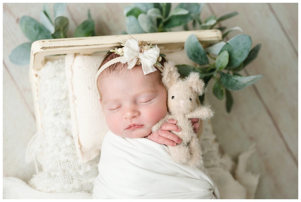 Closeup of newborn girl sleeping on tiny cream bed while snuggling with little bunny prop during Pittsburgh studio session.