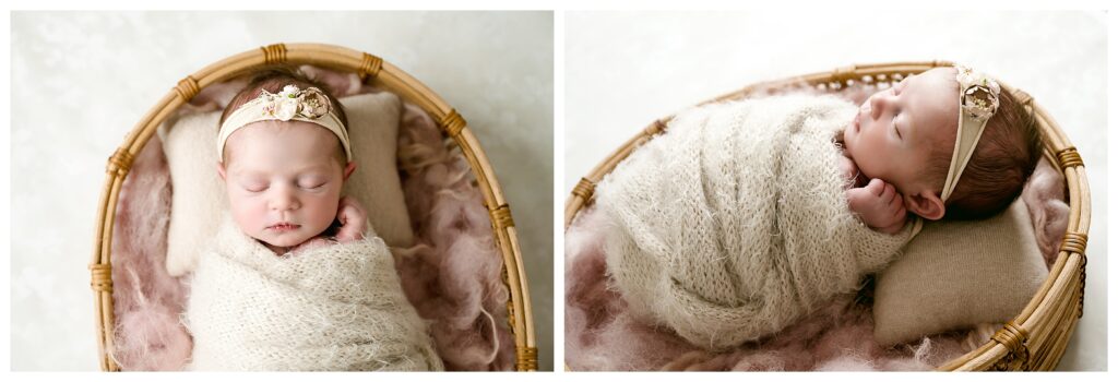 Two images, one a profile shot, of newborn girl wrapped in fuzzy neutral wrap and sleepy on pink blanket during Pittsburgh studio session.
