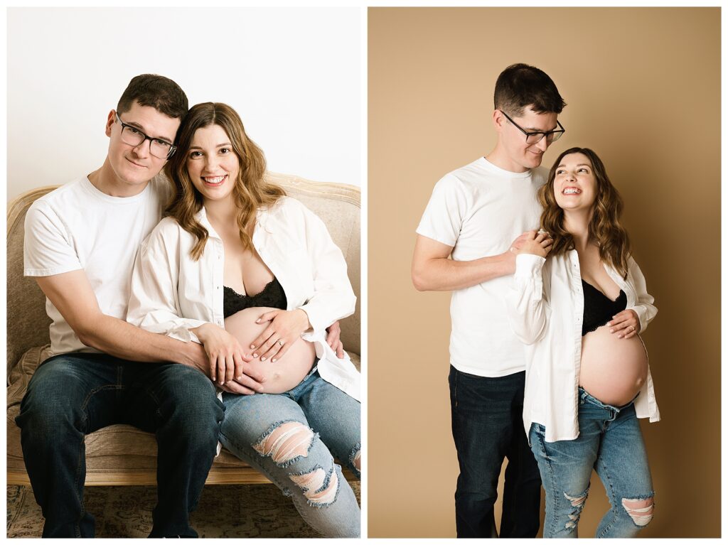 couple expecting first child sit on couch and smile while embracing her belly at Bridgeville studio during maternity session.