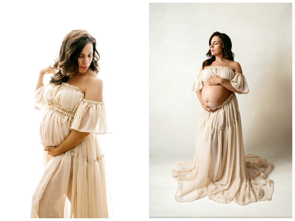 Pregnant woman wears champagne chiffon two-piece Reclamation dress during maternity photoshoot at studio in Bridgeville