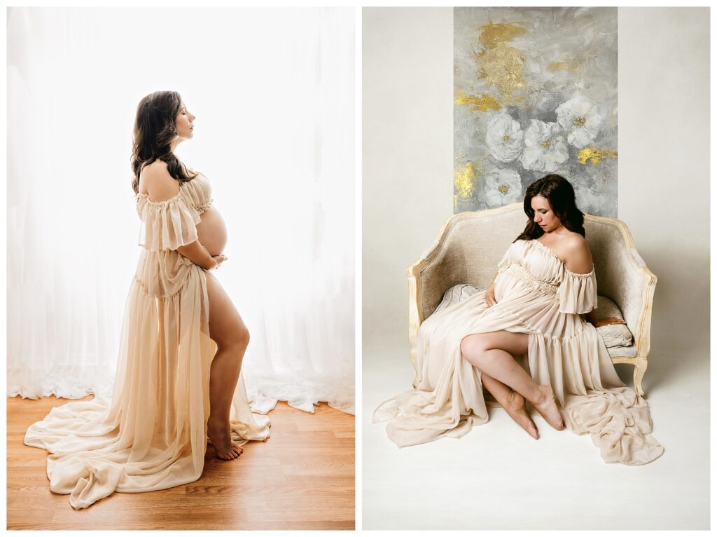 Pregnant woman wears champagne chiffon two-piece Reclamation dress in front of lit wall and curtains during maternity photoshoot at studio in Bridgeville