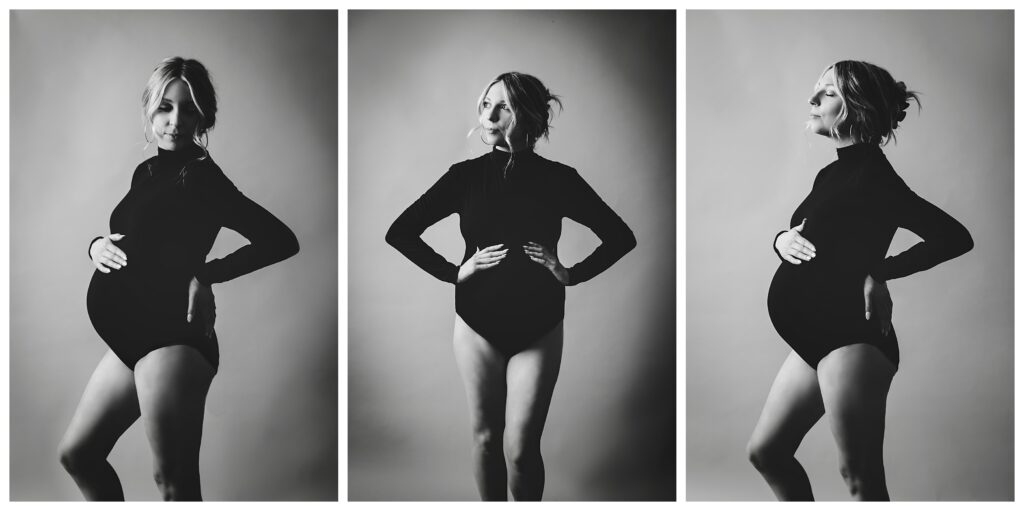 Pregnant woman wears black bodysuit and images are in black and white during studio maternity session in Pittsburgh.