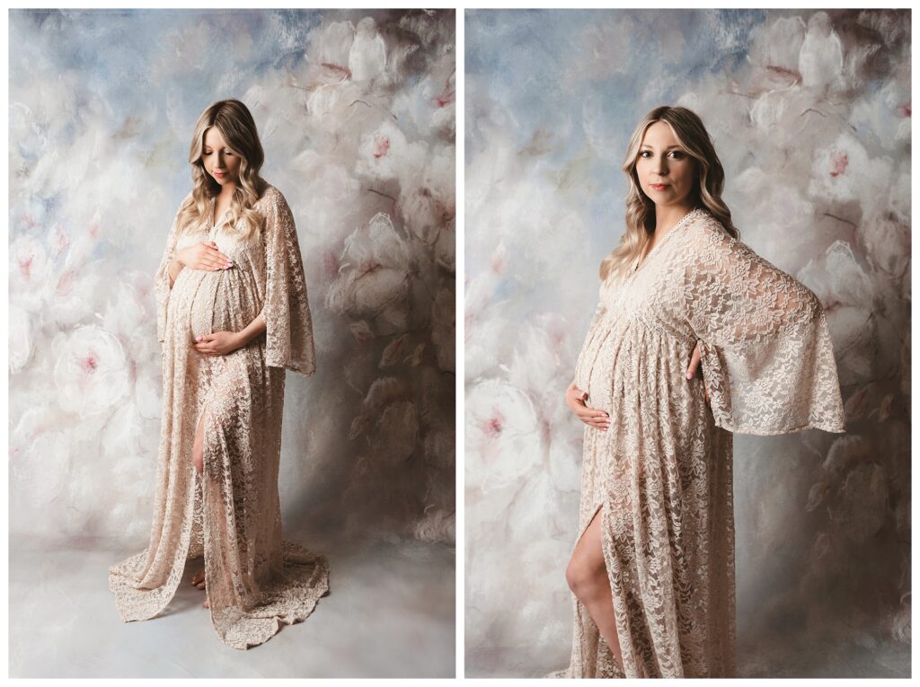 Pregnant woman wears nude lace gown on floral  backdrop during studio maternity session in Pittsburgh.