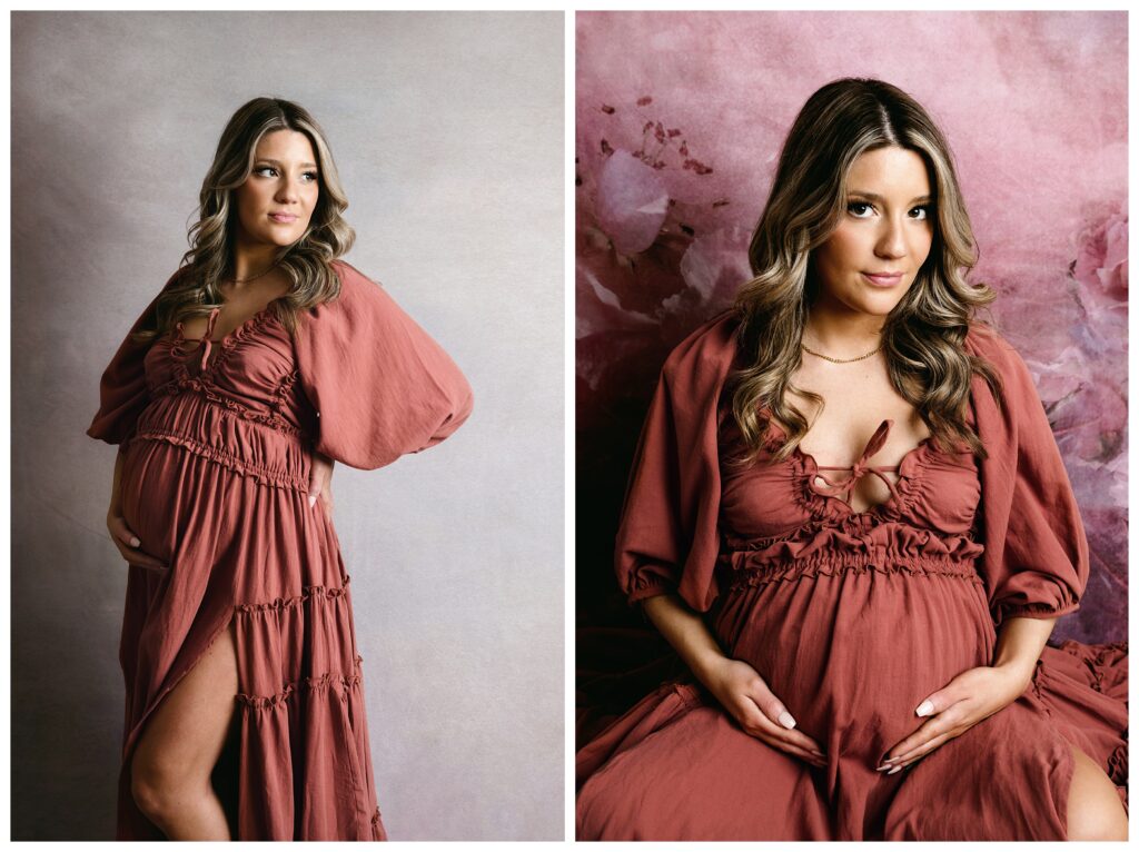 Pregnant woman wears pink Reclamation dress for studio session in Pittsburgh.